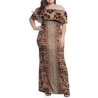Hawaii Style Hibiscus and Tribal Element Fabric Patchwork Family Matching Off Shoulder Maxi Dress and Hawaiian Shirt Beige Version LT03 Mom's Dress Beige - Polynesian Pride