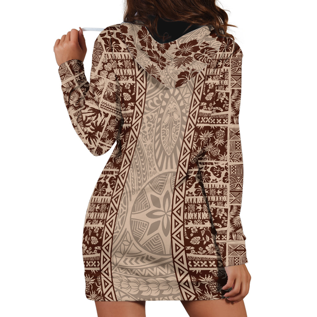 Hawaii Style Hibiscus and Tribal Element Fabric Patchwork Hoodie Dress Beige Version LT03 - Polynesian Pride