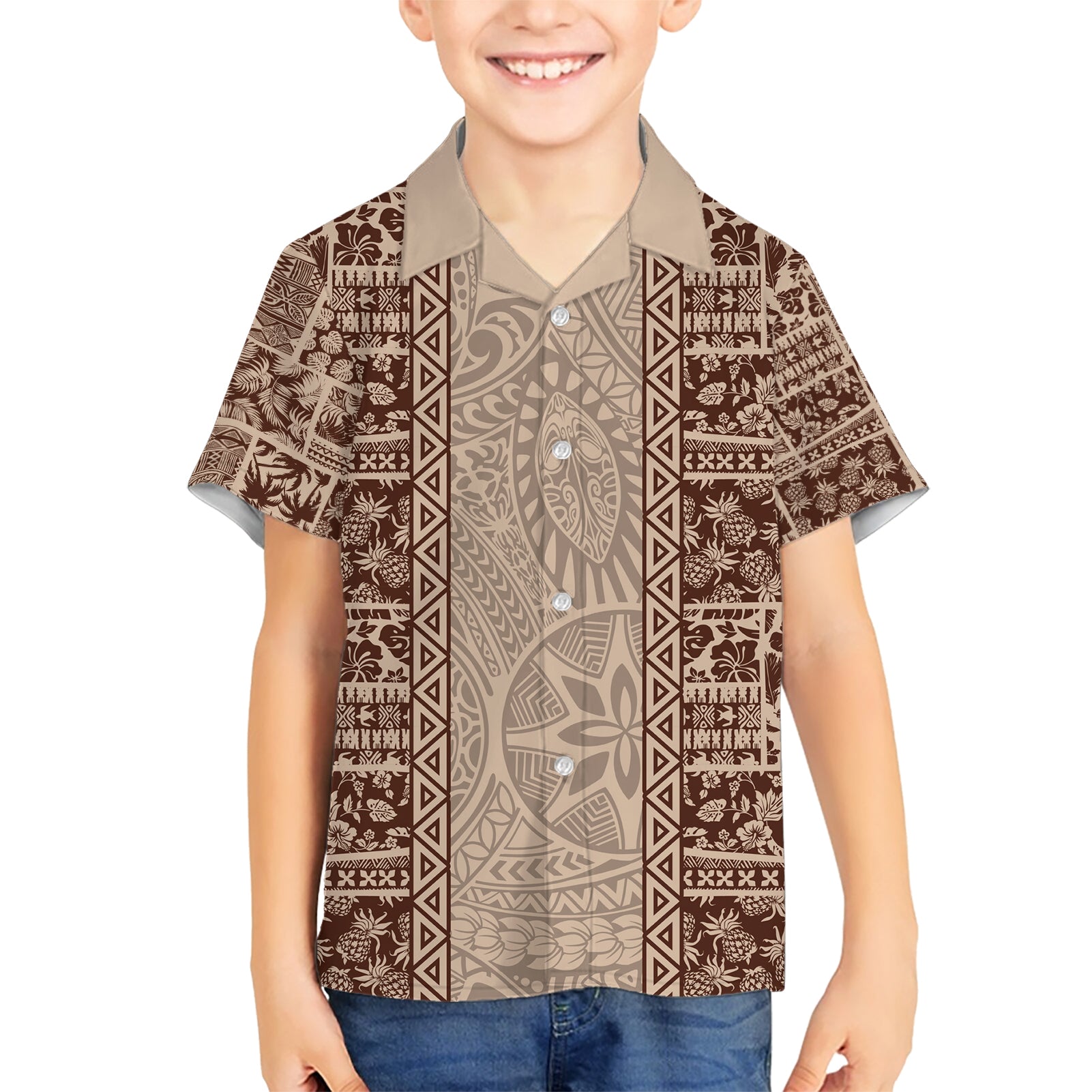 Hawaii Style Hibiscus and Tribal Element Fabric Patchwork Kid Hawaiian Shirt Beige Version LT03 Kid Beige - Polynesian Pride