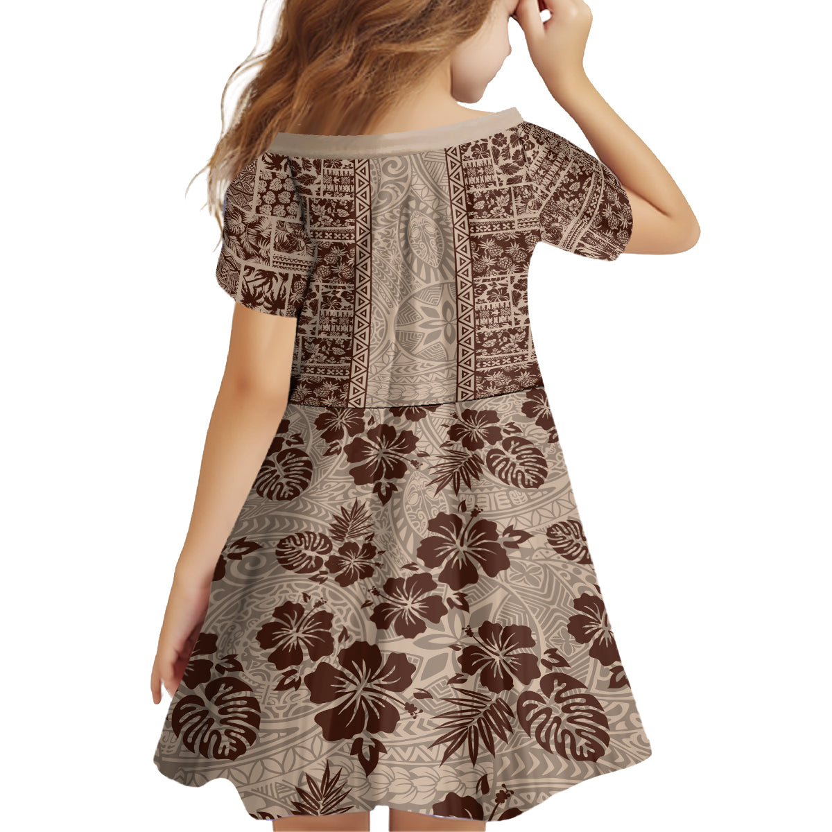Hawaii Style Hibiscus and Tribal Element Fabric Patchwork Kid Short Sleeve Dress Beige Version LT03 - Polynesian Pride
