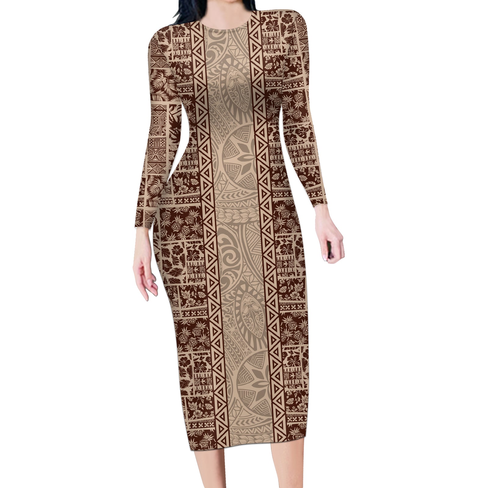 Hawaii Style Hibiscus and Tribal Element Fabric Patchwork Long Sleeve Bodycon Dress Beige Version LT03 Long Dress Beige - Polynesian Pride