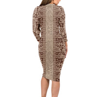 Hawaii Style Hibiscus and Tribal Element Fabric Patchwork Long Sleeve Bodycon Dress Beige Version LT03 - Polynesian Pride