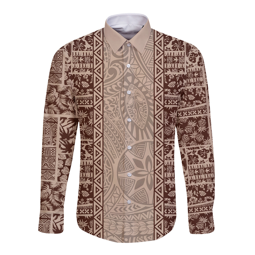 Hawaii Style Hibiscus and Tribal Element Fabric Patchwork Long Sleeve Button Shirt Beige Version LT03 Unisex Beige - Polynesian Pride
