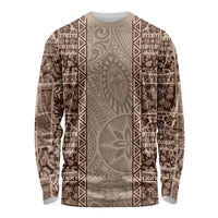 Hawaii Style Hibiscus and Tribal Element Fabric Patchwork Long Sleeve Shirt Beige Version LT03 Unisex Beige - Polynesian Pride