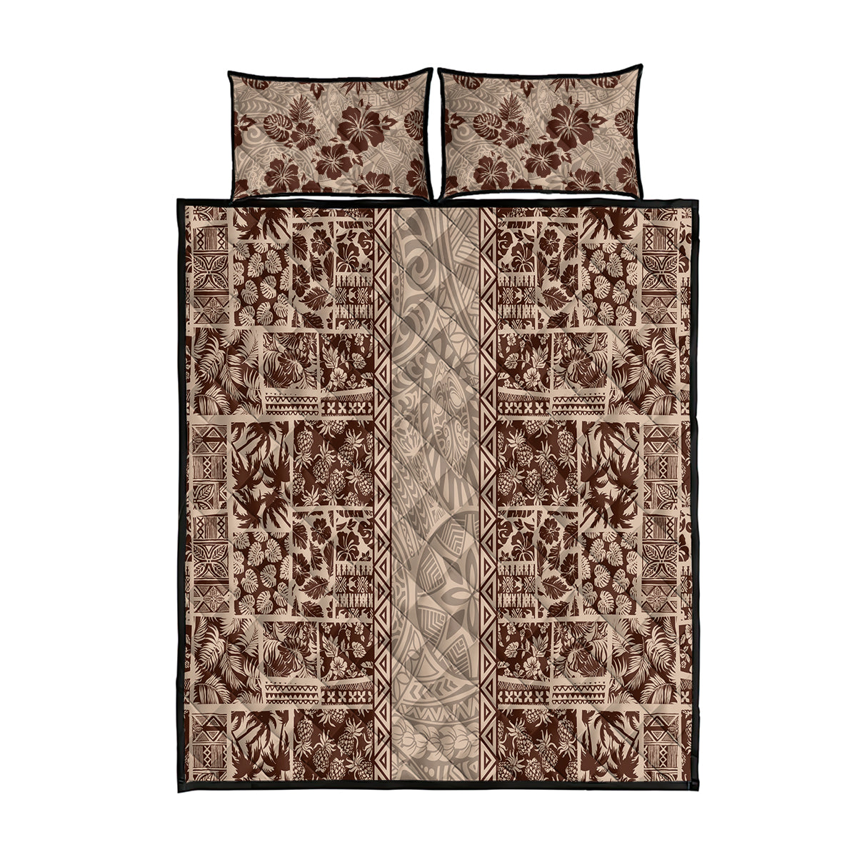 Hawaii Style Hibiscus and Tribal Element Fabric Patchwork Quilt Bed Set Beige Version LT03 Beige - Polynesian Pride