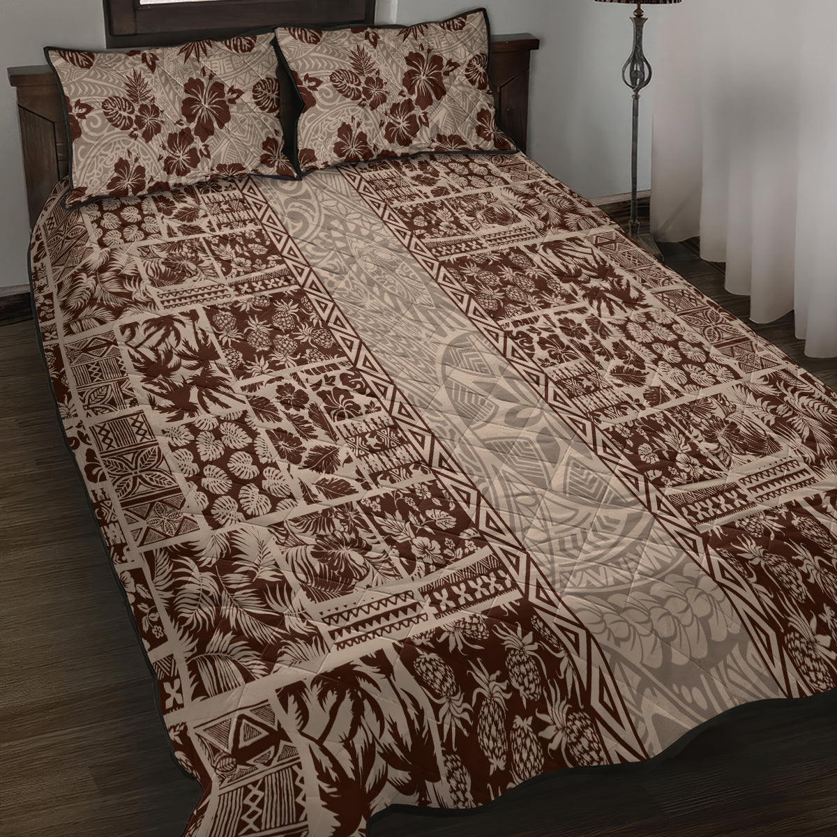 Hawaii Style Hibiscus and Tribal Element Fabric Patchwork Quilt Bed Set Beige Version LT03 - Polynesian Pride