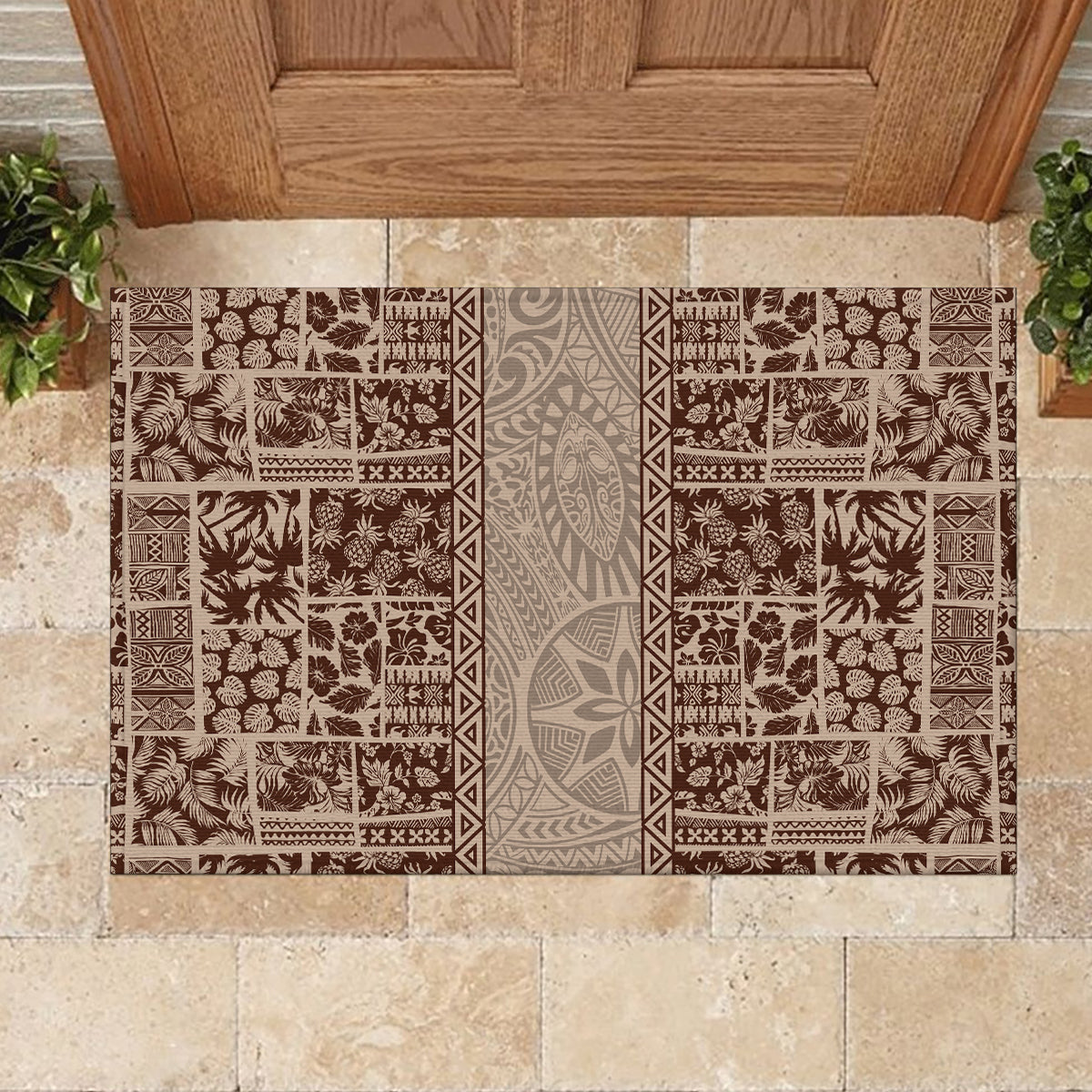 Hawaii Style Hibiscus and Tribal Element Fabric Patchwork Rubber Doormat Beige Version LT03 - Polynesian Pride
