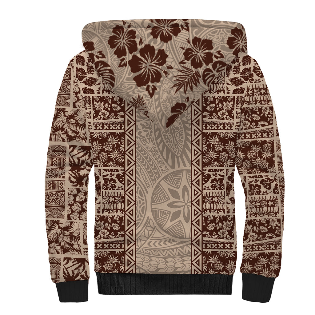 Hawaii Style Hibiscus and Tribal Element Fabric Patchwork Sherpa Hoodie Beige Version LT03 - Polynesian Pride