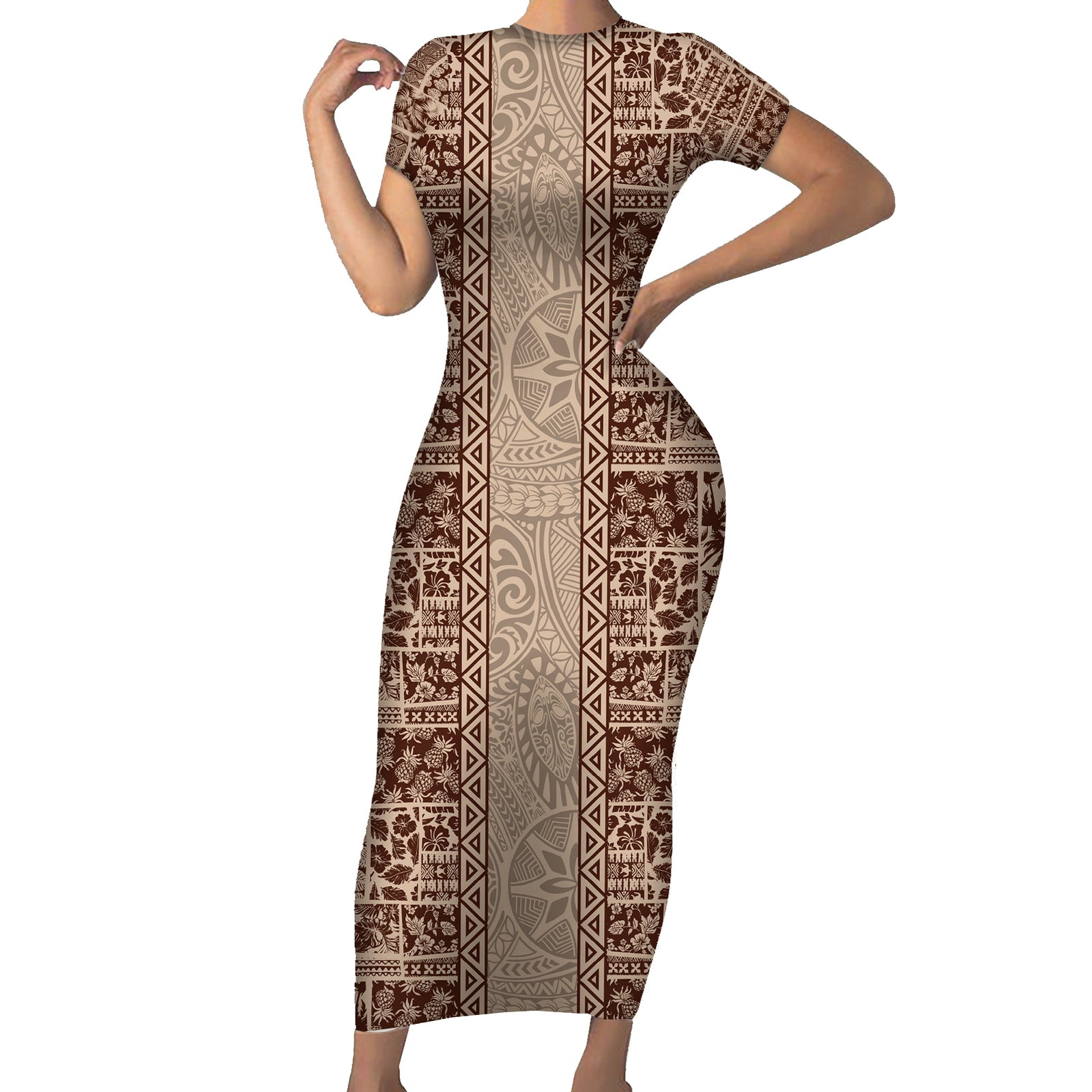 Hawaii Style Hibiscus and Tribal Element Fabric Patchwork Short Sleeve Bodycon Dress Beige Version LT03 Long Dress Beige - Polynesian Pride
