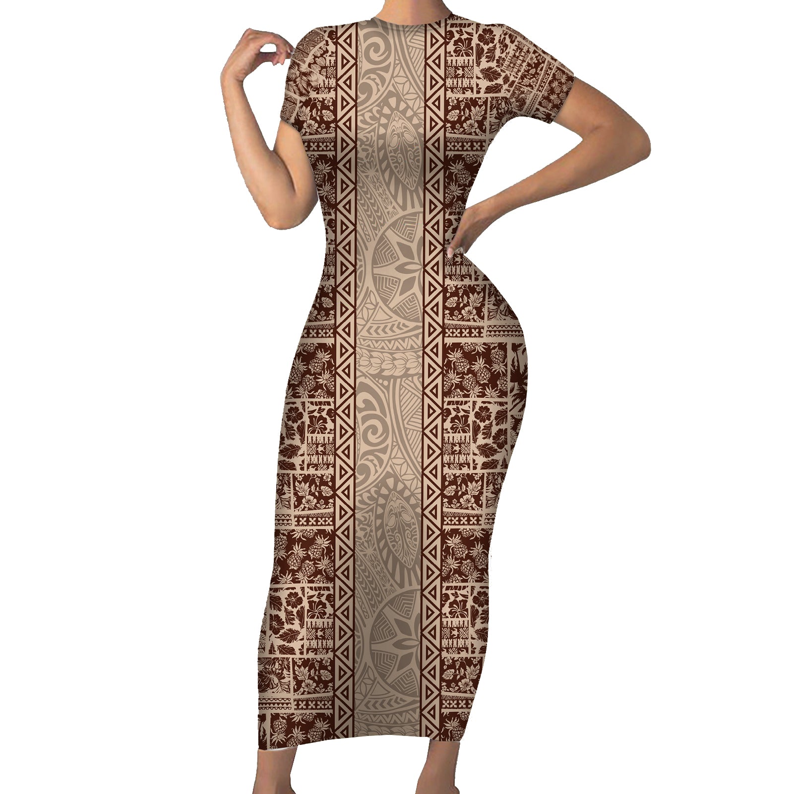 Hawaii Style Hibiscus and Tribal Element Fabric Patchwork Short Sleeve Bodycon Dress Beige Version LT03 Long Dress Beige - Polynesian Pride