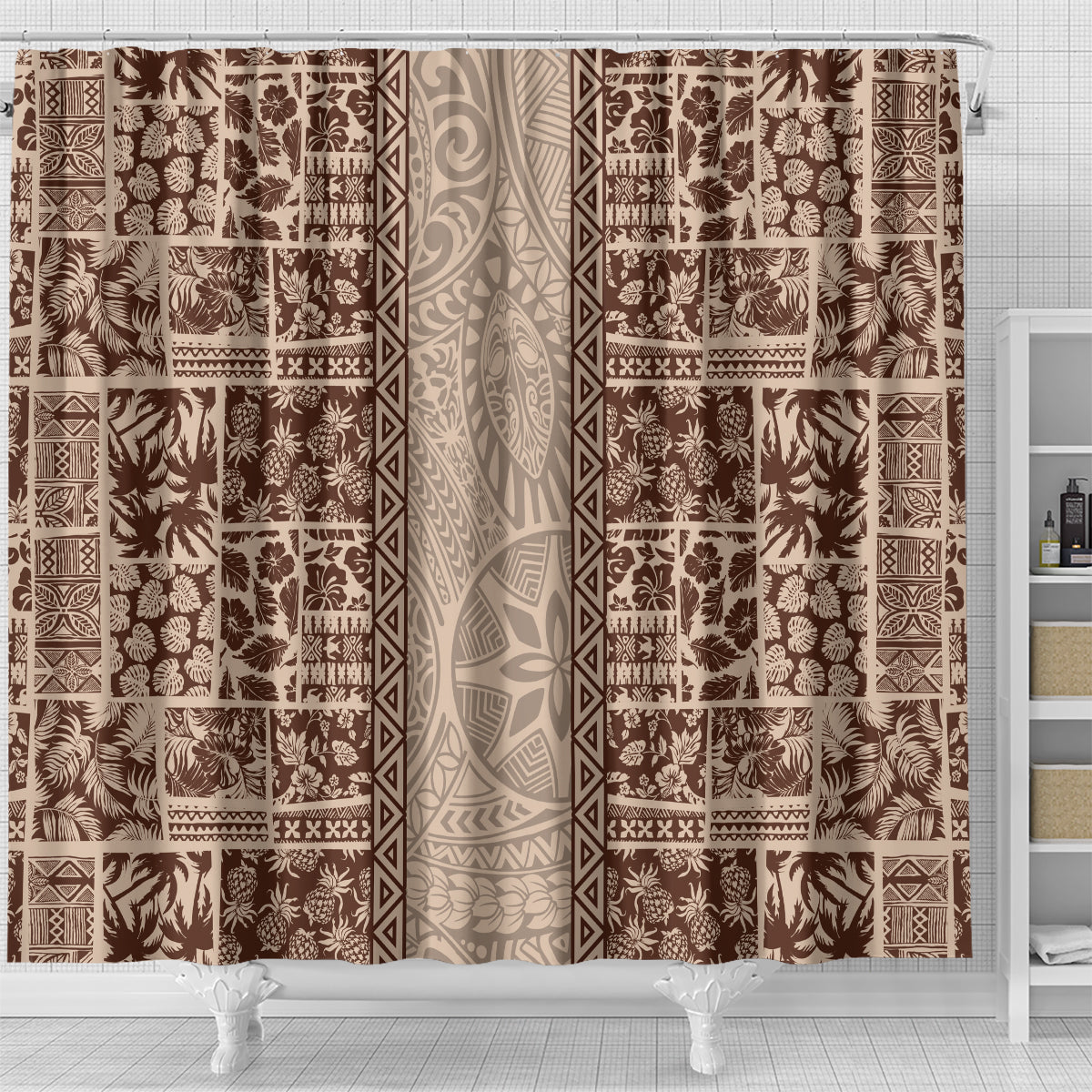 Hawaii Style Hibiscus and Tribal Element Fabric Patchwork Shower Curtain Beige Version LT03 - Polynesian Pride