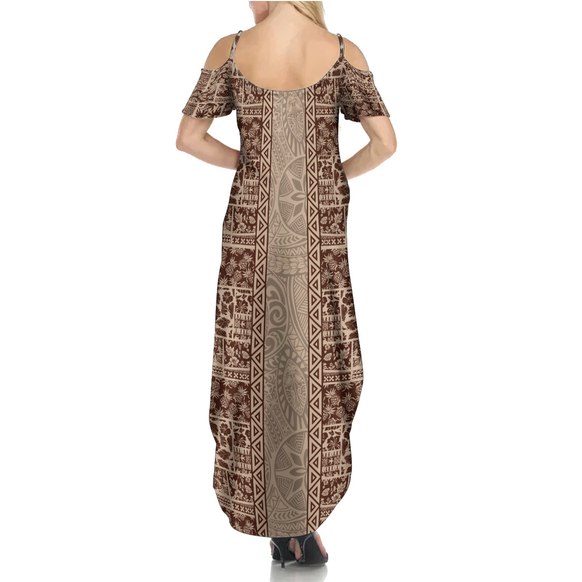 Hawaii Style Hibiscus and Tribal Element Fabric Patchwork Summer Maxi Dress Beige Version LT03 - Polynesian Pride