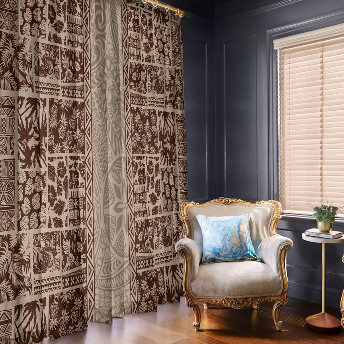 Hawaii Style Hibiscus and Tribal Element Fabric Patchwork Window Curtain Beige Version LT03 - Polynesian Pride