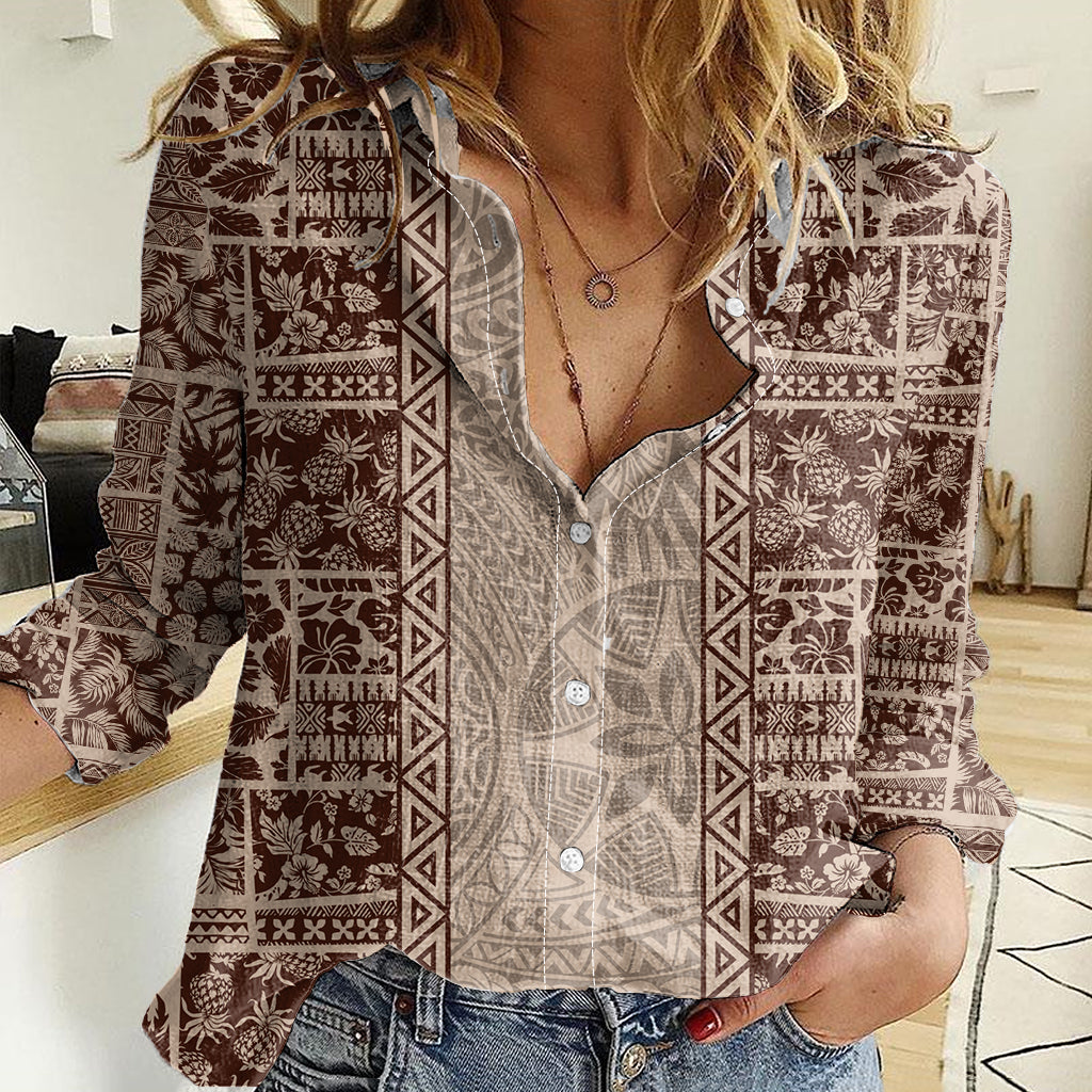 Hawaii Style Hibiscus and Tribal Element Fabric Patchwork Women Casual Shirt Beige Version LT03 Female Beige - Polynesian Pride