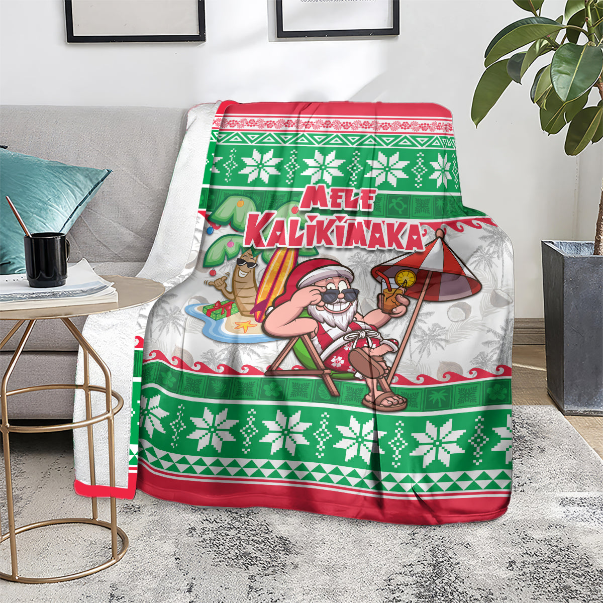 Hawaii Mele Kalikimaka Blanket Aloha Santa and Palm Tree Mix Kakau Pattern LT03 - Polynesian Pride