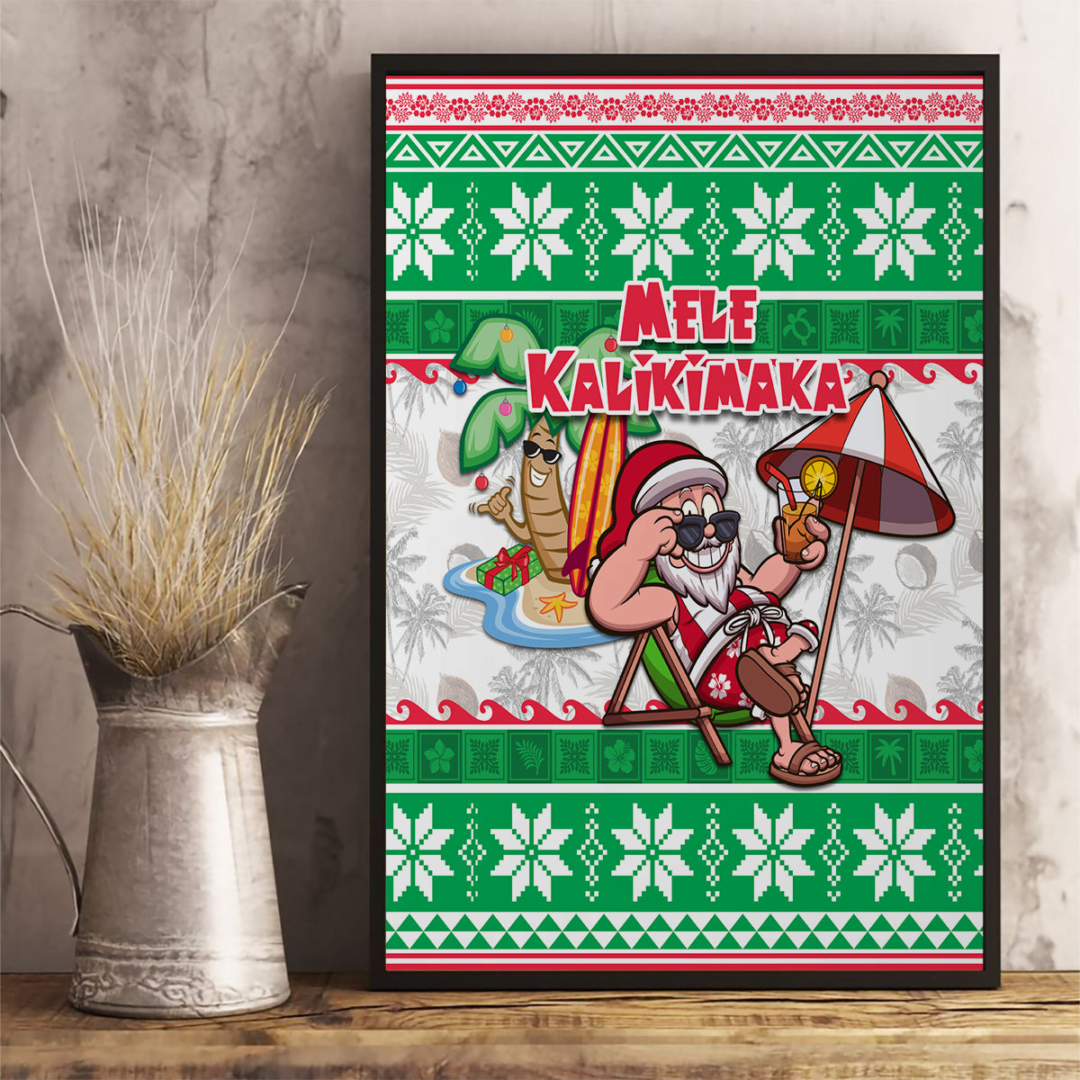 Hawaii Mele Kalikimaka Canvas Wall Art Aloha Santa and Palm Tree Mix Kakau Pattern LT03 - Polynesian Pride