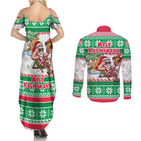 Hawaii Mele Kalikimaka Couples Matching Summer Maxi Dress and Long Sleeve Button Shirt Aloha Santa and Palm Tree Mix Kakau Pattern LT03 - Polynesian Pride