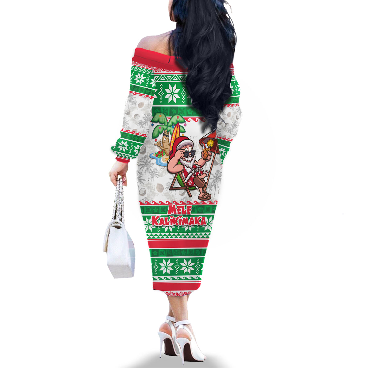 Hawaii Mele Kalikimaka Family Matching Off Shoulder Long Sleeve Dress and Hawaiian Shirt Aloha Santa and Palm Tree Mix Kakau Pattern LT03 - Polynesian Pride