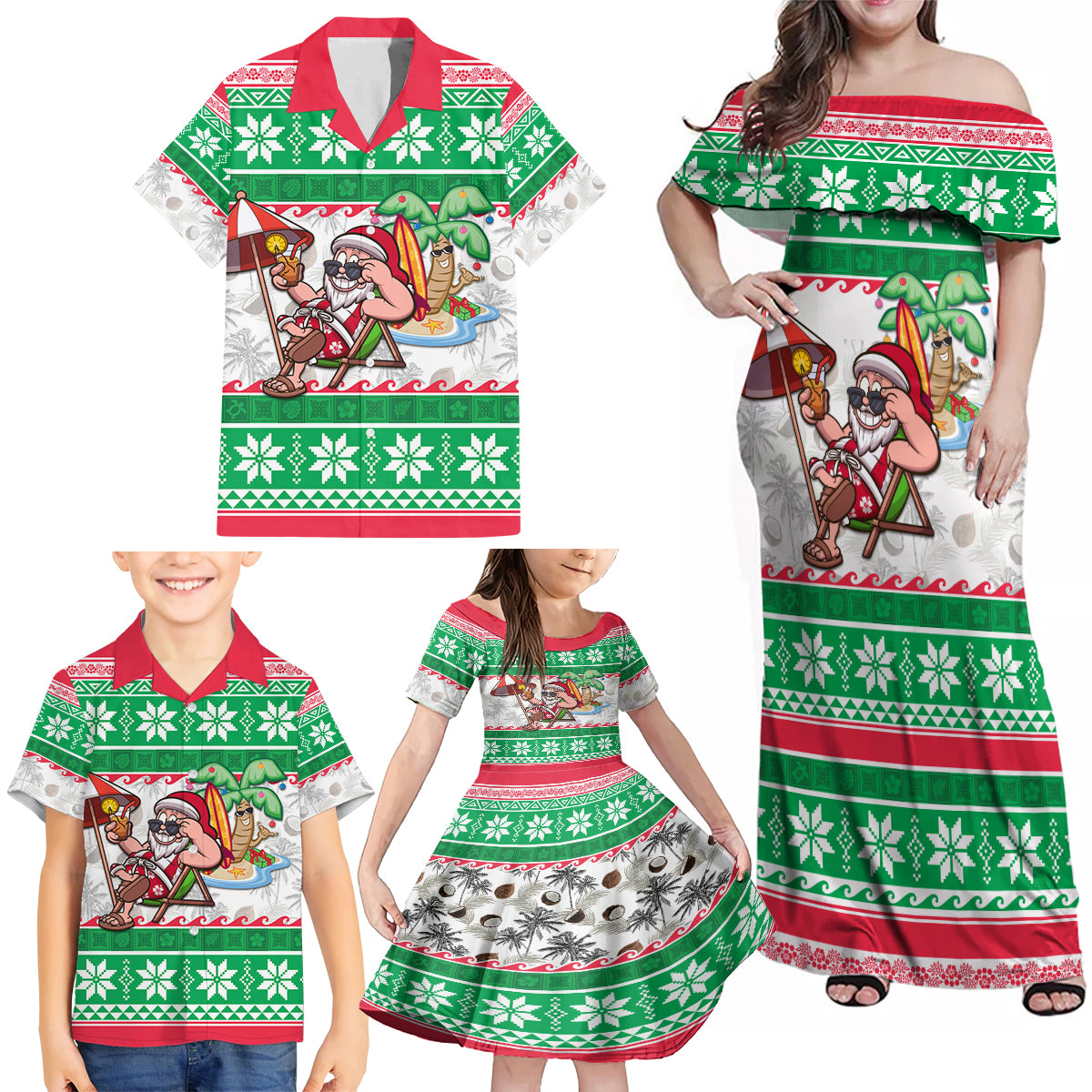 Hawaii Mele Kalikimaka Family Matching Off Shoulder Maxi Dress and Hawaiian Shirt Aloha Santa and Palm Tree Mix Kakau Pattern LT03 - Polynesian Pride