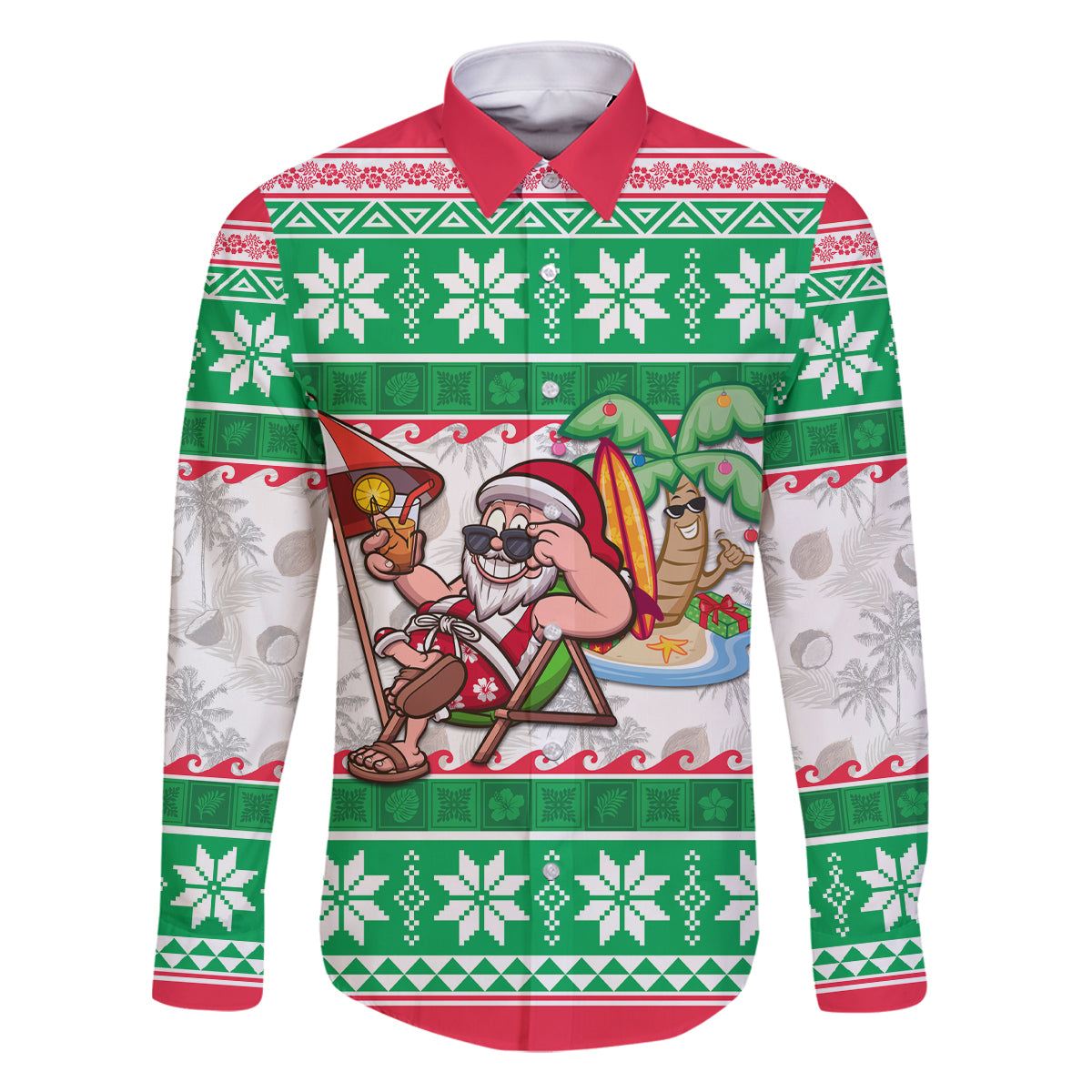 Hawaii Mele Kalikimaka Family Matching Off Shoulder Maxi Dress and Hawaiian Shirt Aloha Santa and Palm Tree Mix Kakau Pattern LT03 Dad's Shirt - Long Sleeve Green - Polynesian Pride