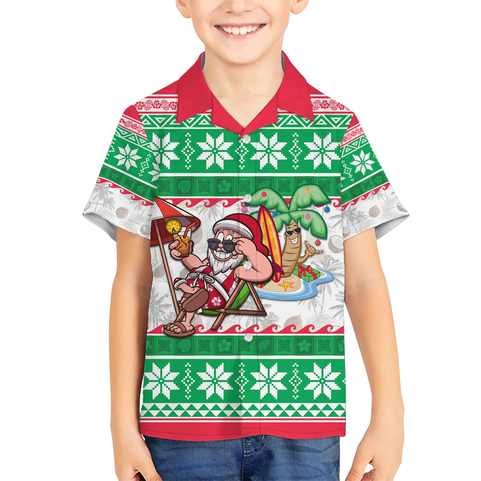 Hawaii Mele Kalikimaka Kid Hawaiian Shirt Aloha Santa and Palm Tree Mix Kakau Pattern LT03 Kid Green - Polynesian Pride
