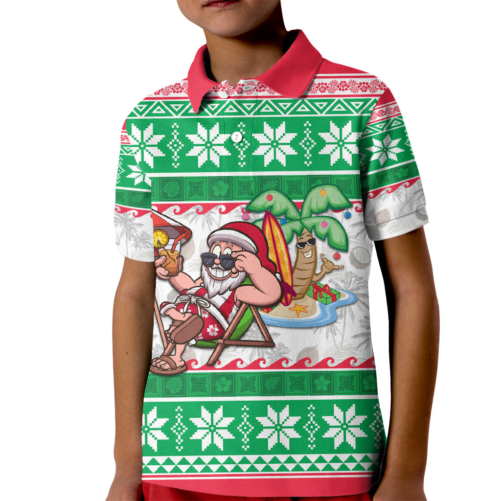 Hawaii Mele Kalikimaka Kid Polo Shirt Aloha Santa and Palm Tree Mix Kakau Pattern LT03 Kid Green - Polynesian Pride