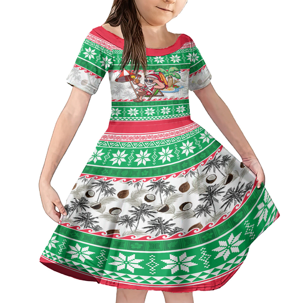 Hawaii Mele Kalikimaka Kid Short Sleeve Dress Aloha Santa and Palm Tree Mix Kakau Pattern LT03 KID Green - Polynesian Pride