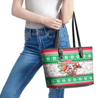 Hawaii Mele Kalikimaka Leather Tote Bag Aloha Santa and Palm Tree Mix Kakau Pattern LT03 - Polynesian Pride
