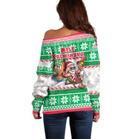 Hawaii Mele Kalikimaka Off Shoulder Sweater Aloha Santa and Palm Tree Mix Kakau Pattern LT03 - Polynesian Pride