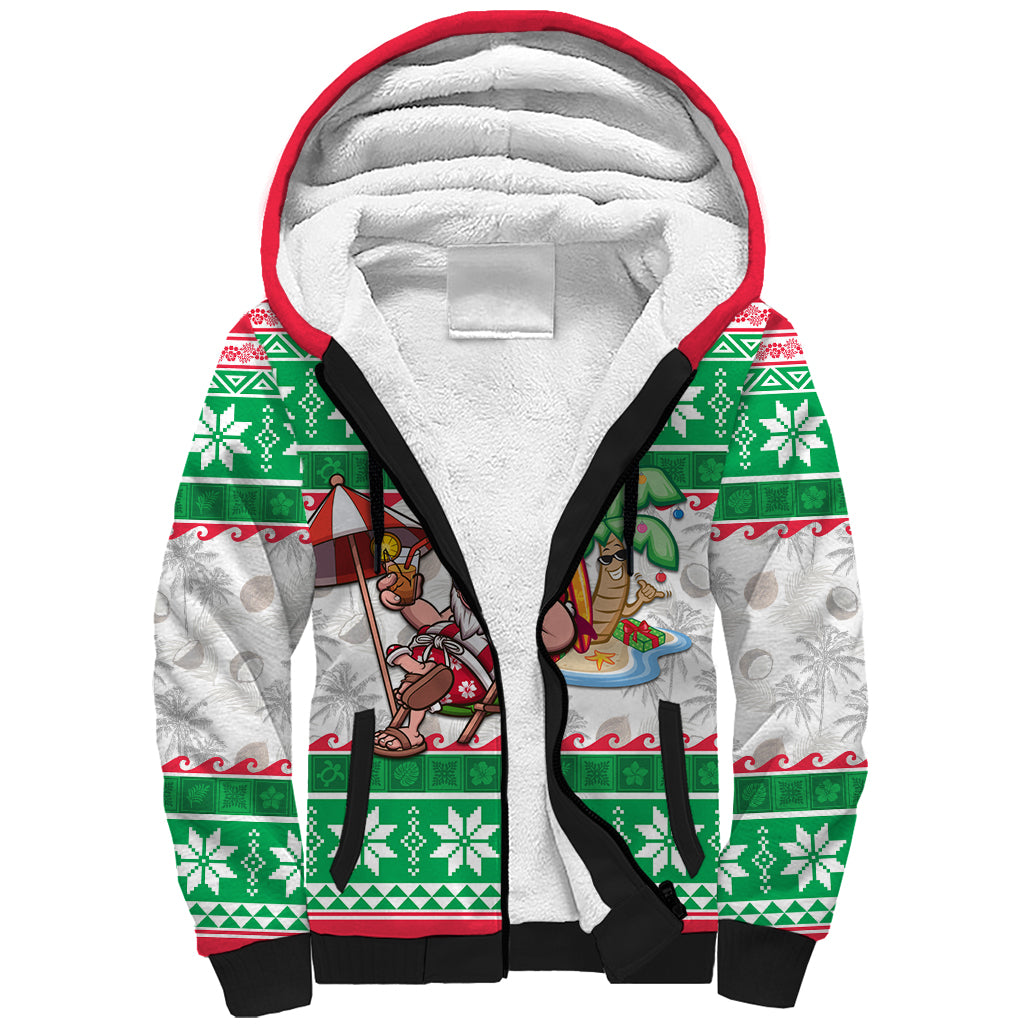 Hawaii Mele Kalikimaka Sherpa Hoodie Aloha Santa and Palm Tree Mix Kakau Pattern LT03 Unisex Green - Polynesian Pride