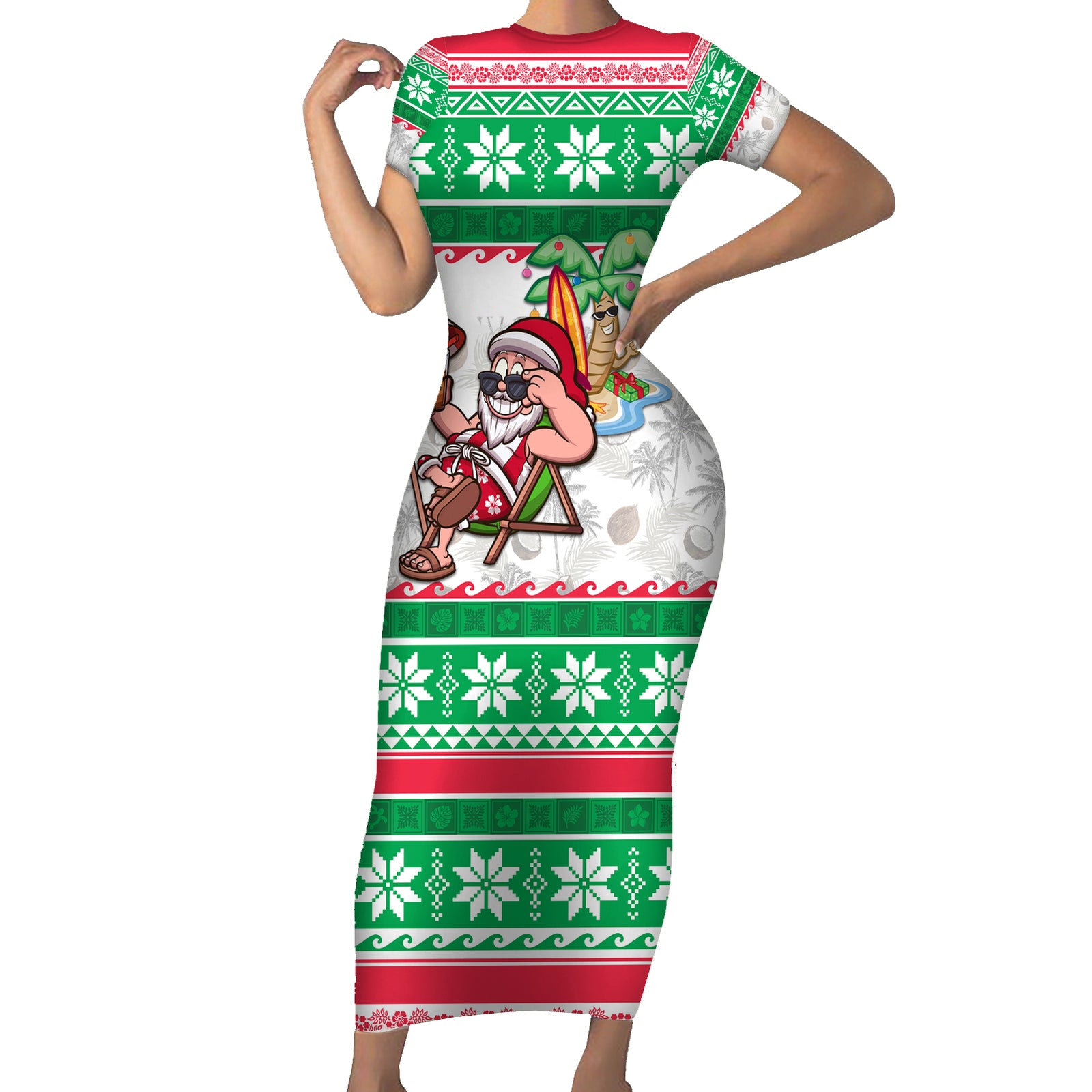 Hawaii Mele Kalikimaka Short Sleeve Bodycon Dress Aloha Santa and Palm Tree Mix Kakau Pattern LT03 Long Dress Green - Polynesian Pride
