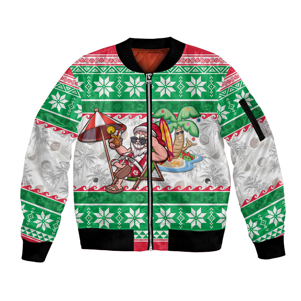Hawaii Mele Kalikimaka Sleeve Zip Bomber Jacket Aloha Santa and Palm Tree Mix Kakau Pattern LT03 Unisex Green - Polynesian Pride