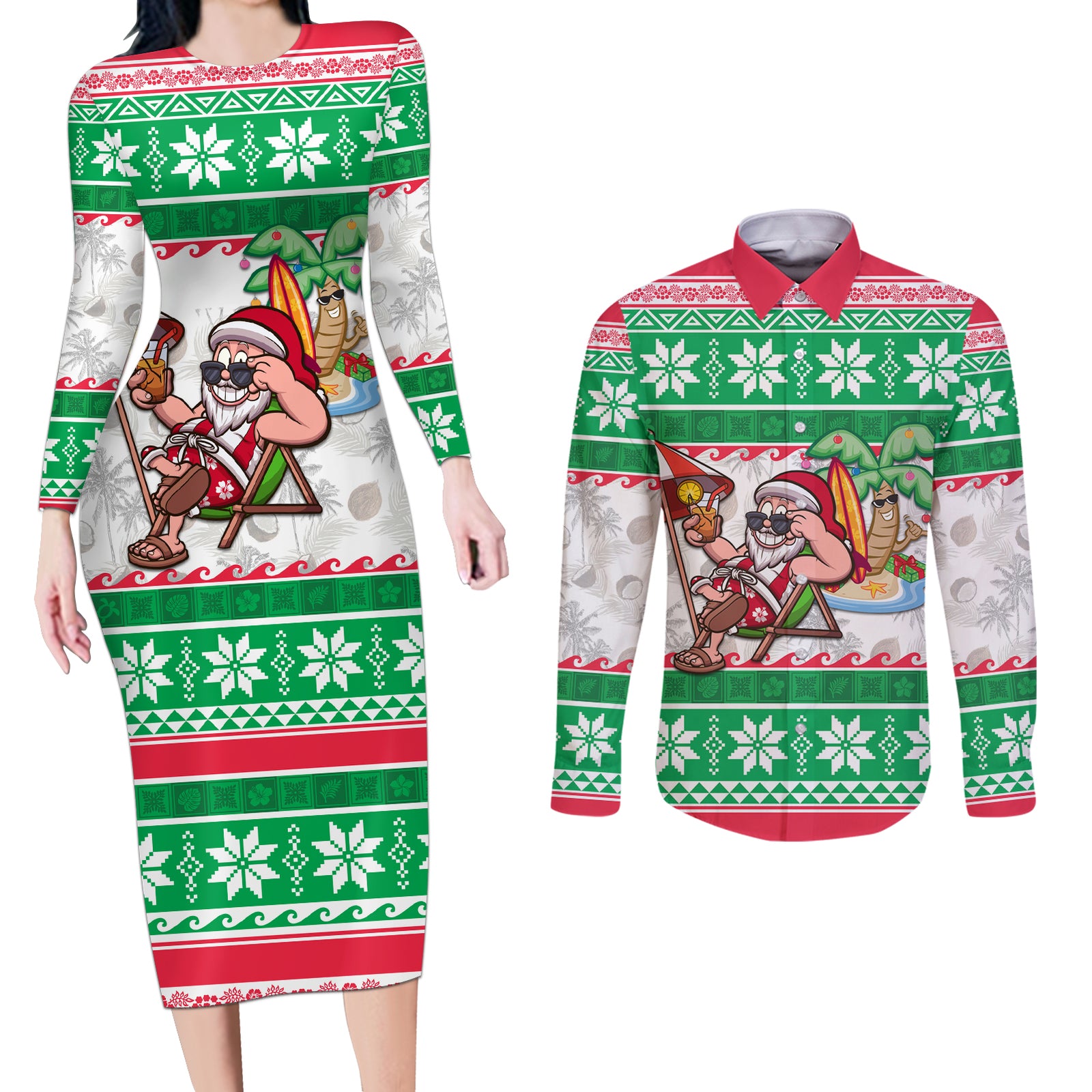 Custom Hawaii Mele Kalikimaka Couples Matching Long Sleeve Bodycon Dress and Long Sleeve Button Shirt Aloha Santa and Palm Tree Mix Kakau Pattern LT03 Green - Polynesian Pride