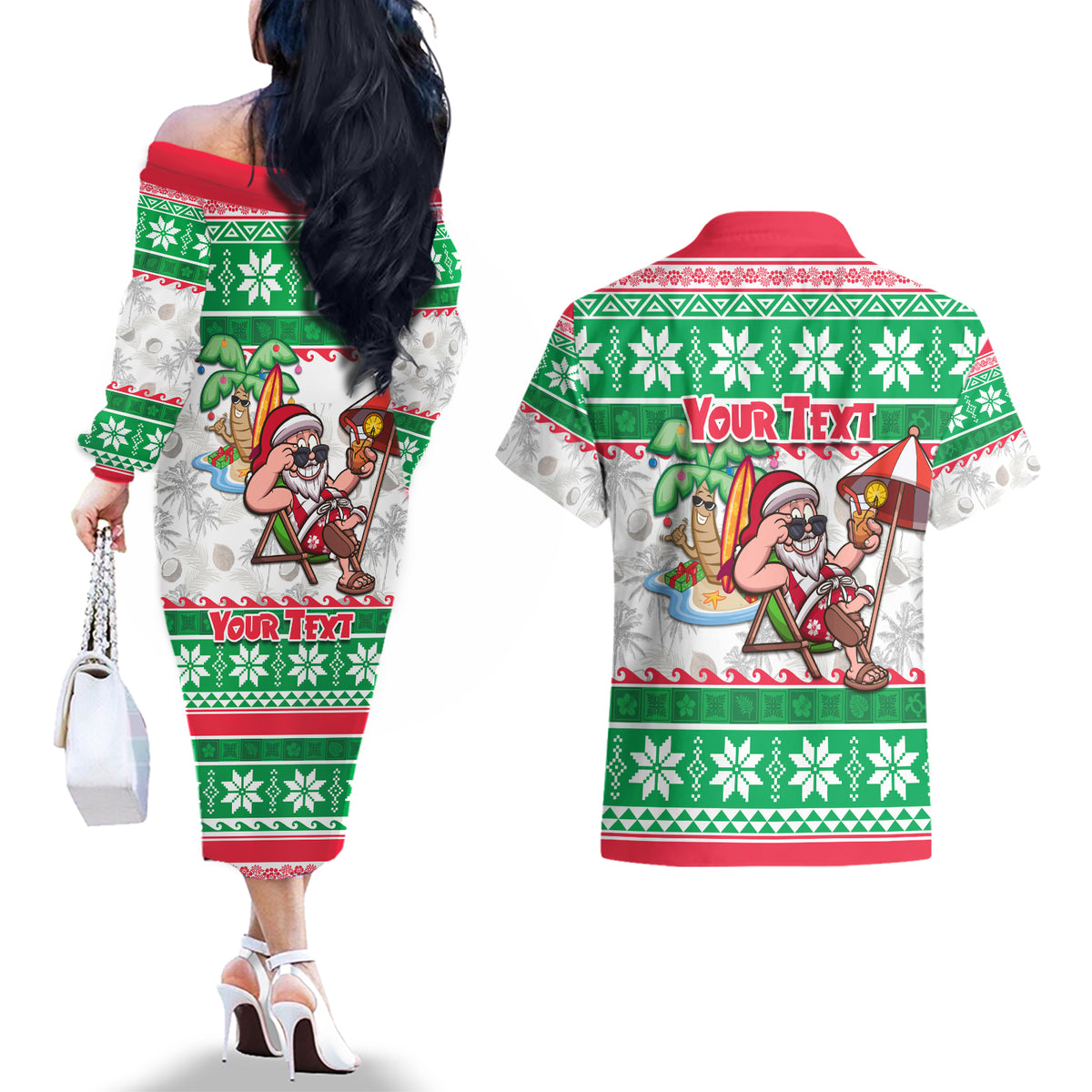 Custom Hawaii Mele Kalikimaka Couples Matching Off The Shoulder Long Sleeve Dress and Hawaiian Shirt Aloha Santa and Palm Tree Mix Kakau Pattern LT03 - Polynesian Pride