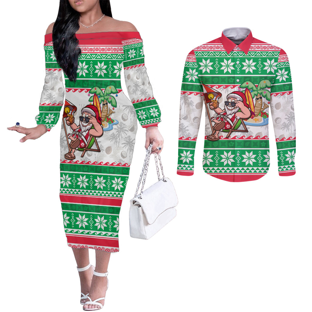 Custom Hawaii Mele Kalikimaka Couples Matching Off The Shoulder Long Sleeve Dress and Long Sleeve Button Shirt Aloha Santa and Palm Tree Mix Kakau Pattern LT03 Green - Polynesian Pride