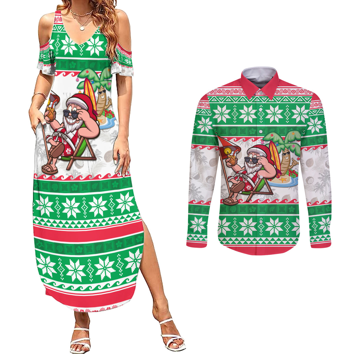Custom Hawaii Mele Kalikimaka Couples Matching Summer Maxi Dress and Long Sleeve Button Shirt Aloha Santa and Palm Tree Mix Kakau Pattern LT03 Green - Polynesian Pride