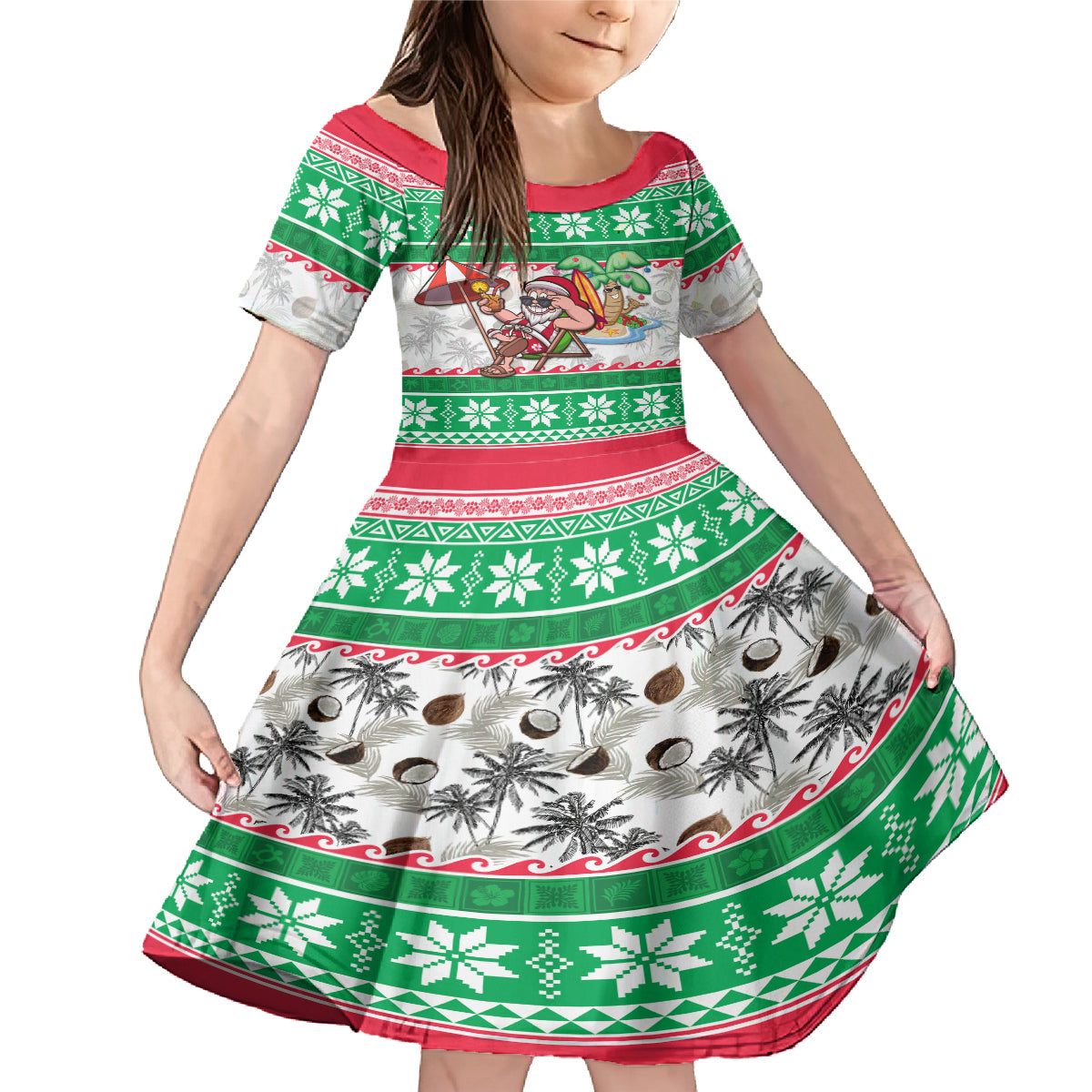 Custom Hawaii Mele Kalikimaka Family Matching Mermaid Dress and Hawaiian Shirt Aloha Santa and Palm Tree Mix Kakau Pattern LT03 Daughter's Dress Green - Polynesian Pride