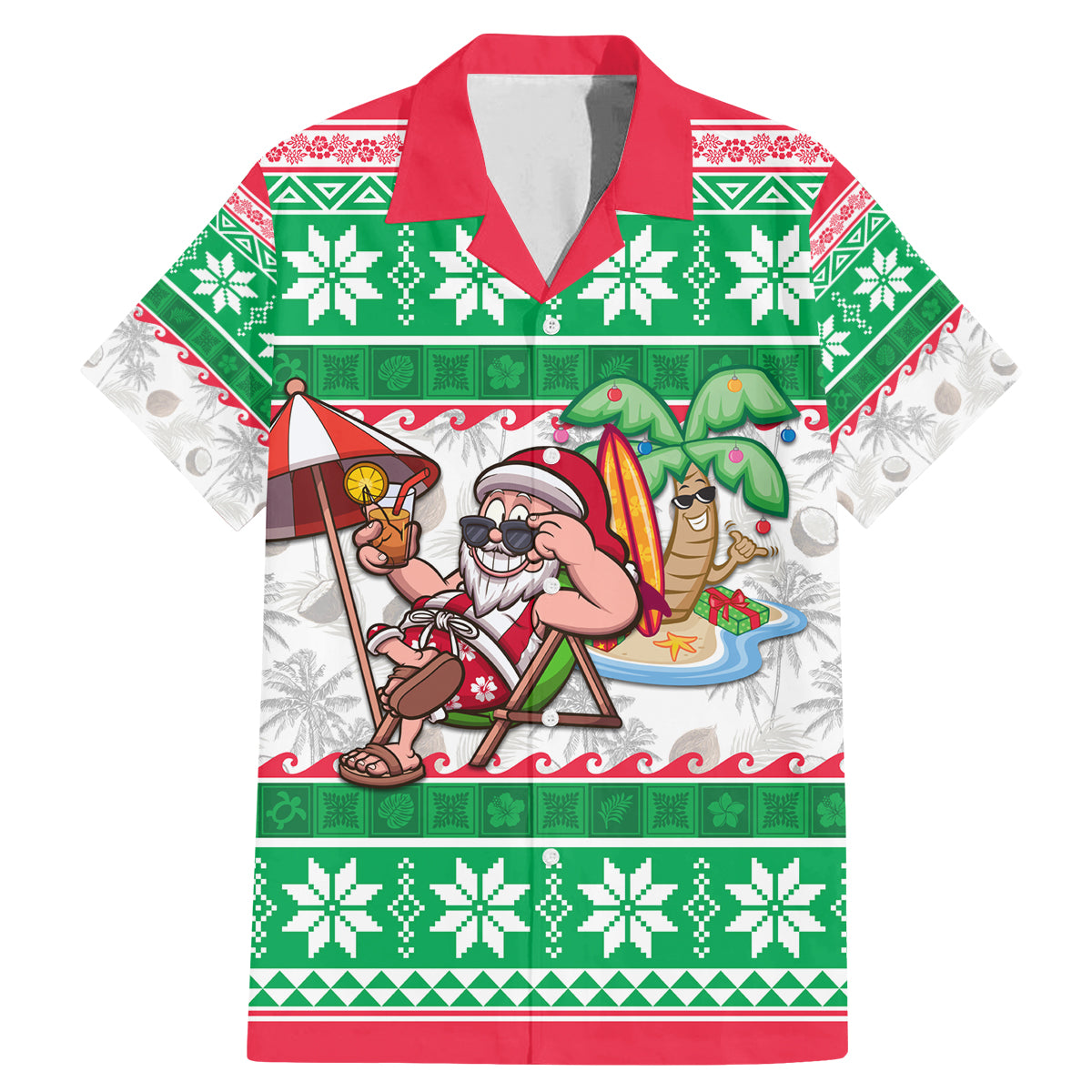 Custom Hawaii Mele Kalikimaka Family Matching Mermaid Dress and Hawaiian Shirt Aloha Santa and Palm Tree Mix Kakau Pattern LT03 Dad's Shirt - Short Sleeve Green - Polynesian Pride