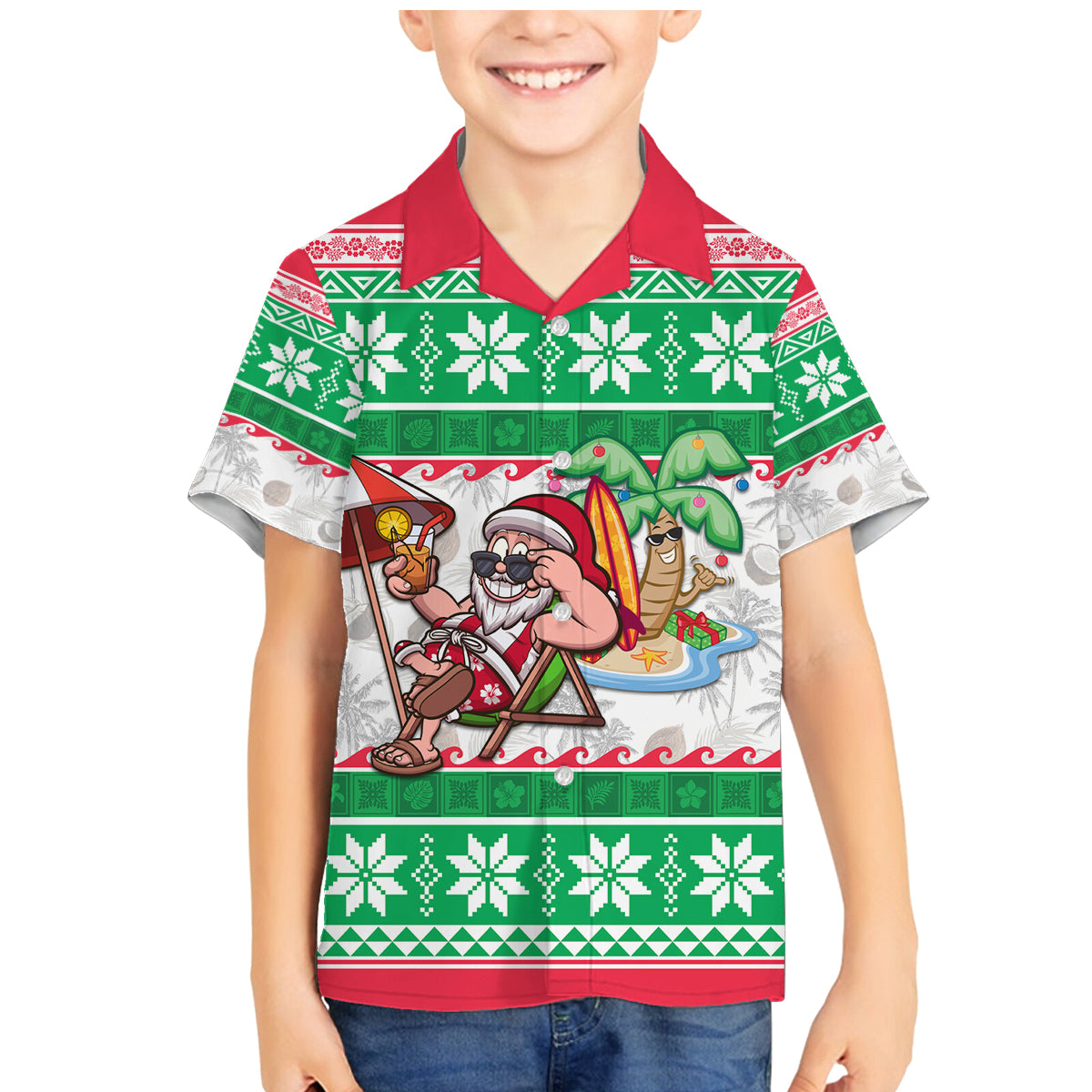 Custom Hawaii Mele Kalikimaka Family Matching Mermaid Dress and Hawaiian Shirt Aloha Santa and Palm Tree Mix Kakau Pattern LT03 Son's Shirt Green - Polynesian Pride