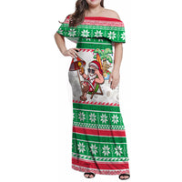 Custom Hawaii Mele Kalikimaka Family Matching Off Shoulder Maxi Dress and Hawaiian Shirt Aloha Santa and Palm Tree Mix Kakau Pattern LT03 Mom's Dress Green - Polynesian Pride