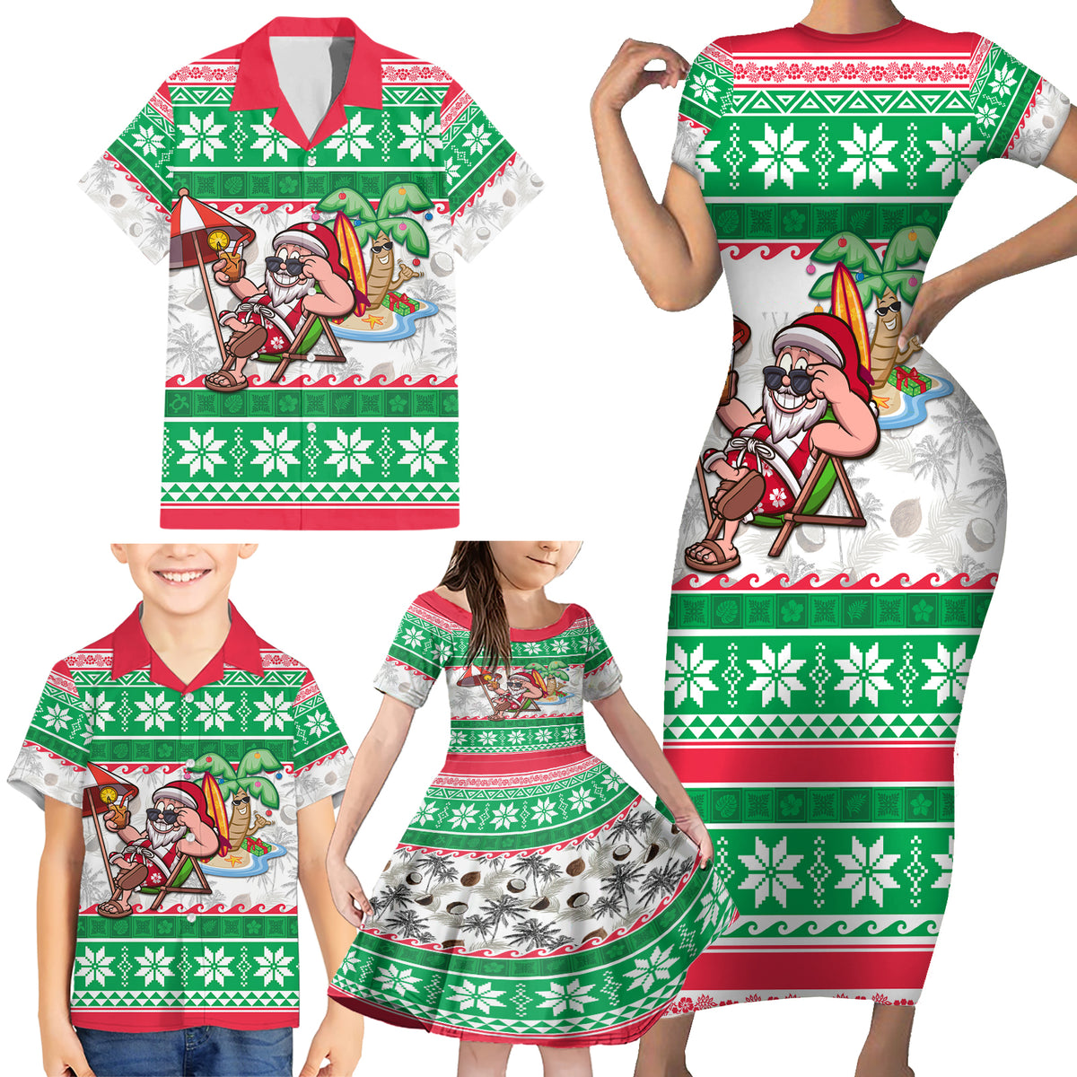 Custom Hawaii Mele Kalikimaka Family Matching Short Sleeve Bodycon Dress and Hawaiian Shirt Aloha Santa and Palm Tree Mix Kakau Pattern LT03 - Polynesian Pride