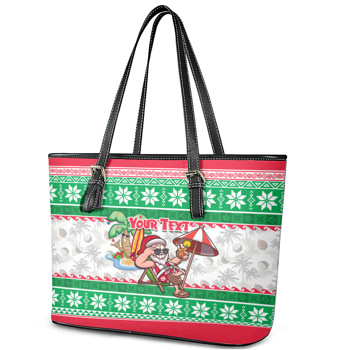 Custom Hawaii Mele Kalikimaka Leather Tote Bag Aloha Santa and Palm Tree Mix Kakau Pattern LT03 - Polynesian Pride