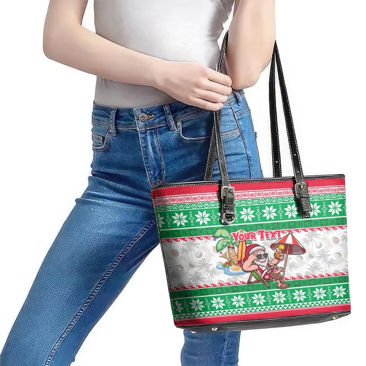 Custom Hawaii Mele Kalikimaka Leather Tote Bag Aloha Santa and Palm Tree Mix Kakau Pattern LT03 - Polynesian Pride