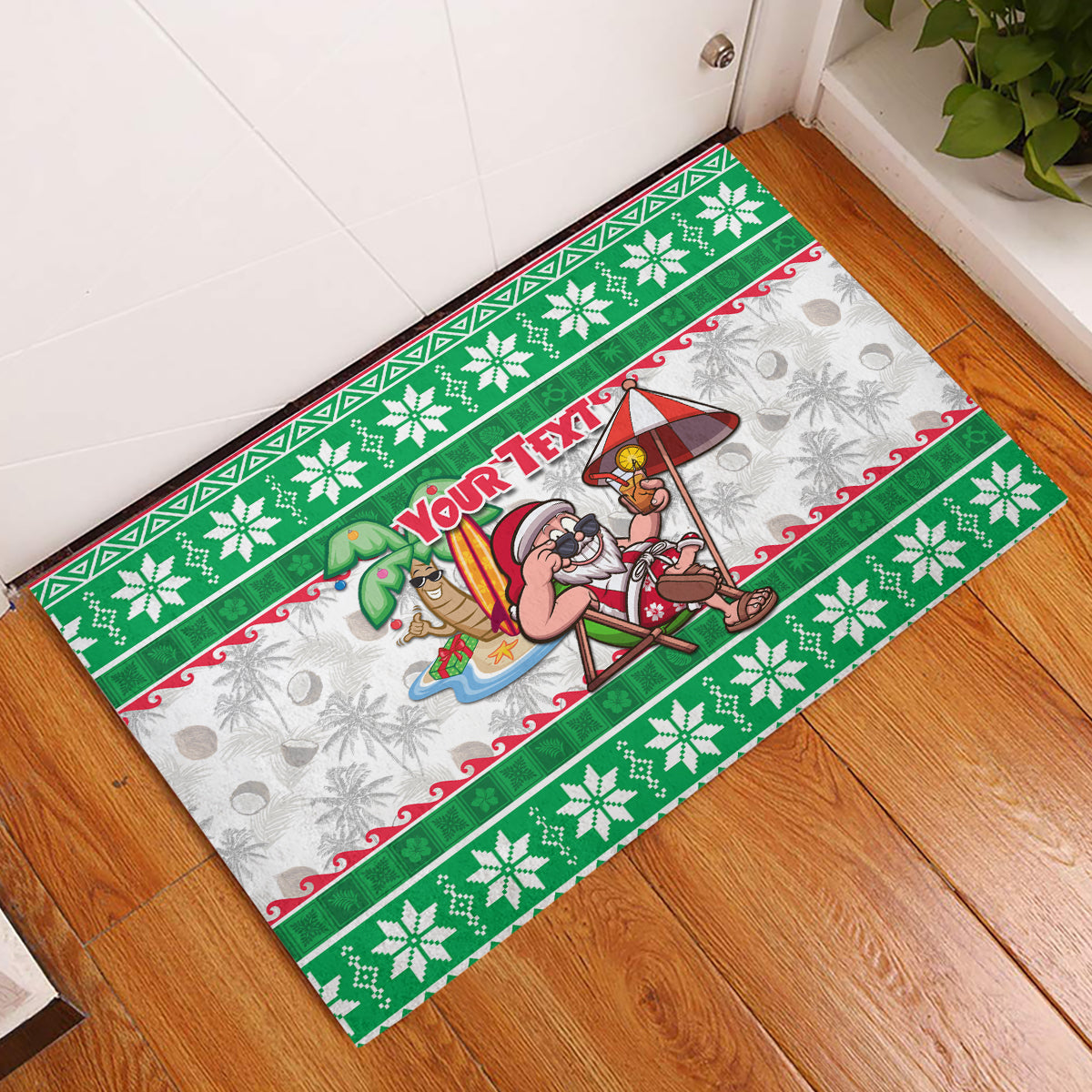 Custom Hawaii Mele Kalikimaka Rubber Doormat Aloha Santa and Palm Tree Mix Kakau Pattern LT03 Green - Polynesian Pride