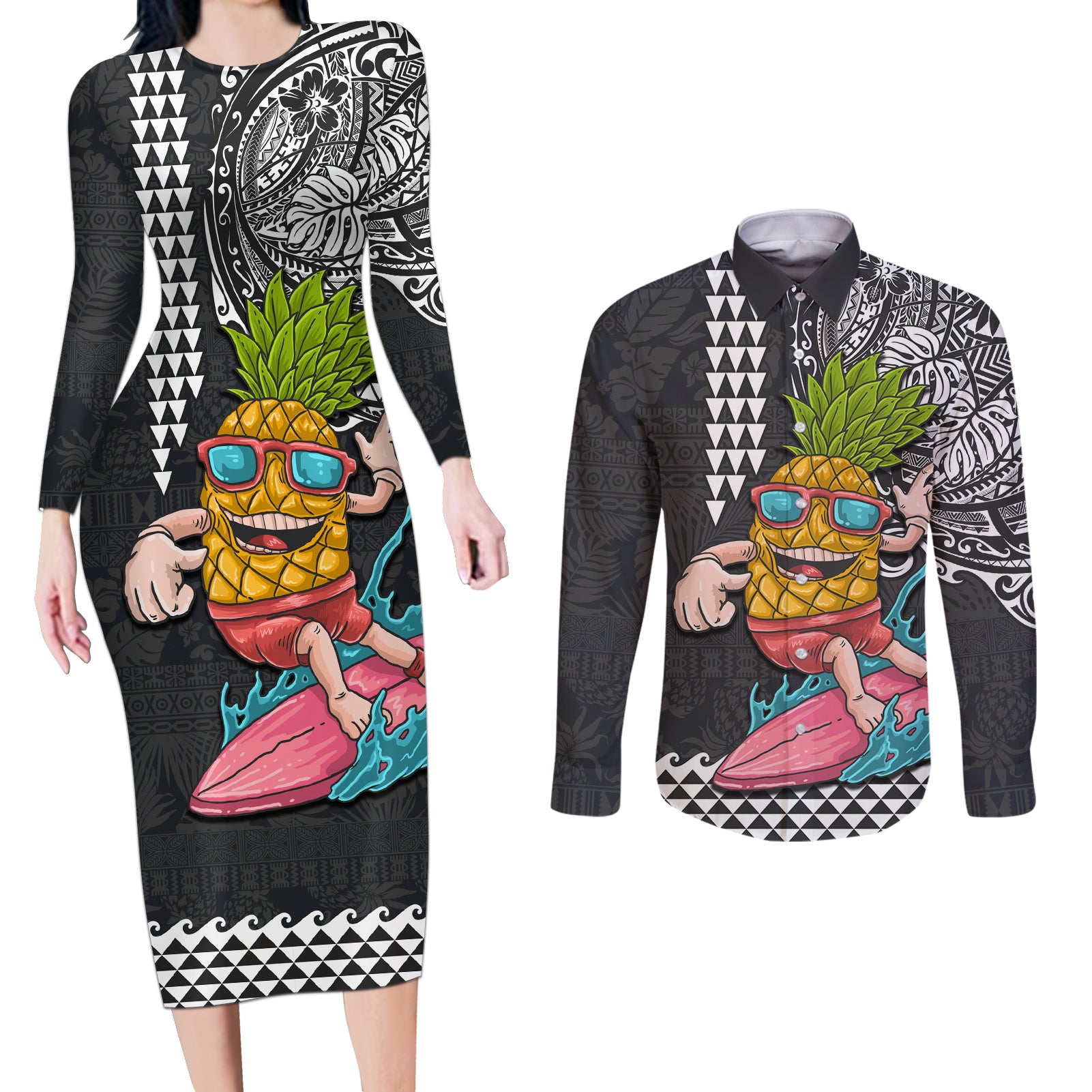 Hawaii Pineapple Surfing With Kakau Tribal Couples Matching Long Sleeve Bodycon Dress and Long Sleeve Button Shirt LT03 Brown - Polynesian Pride