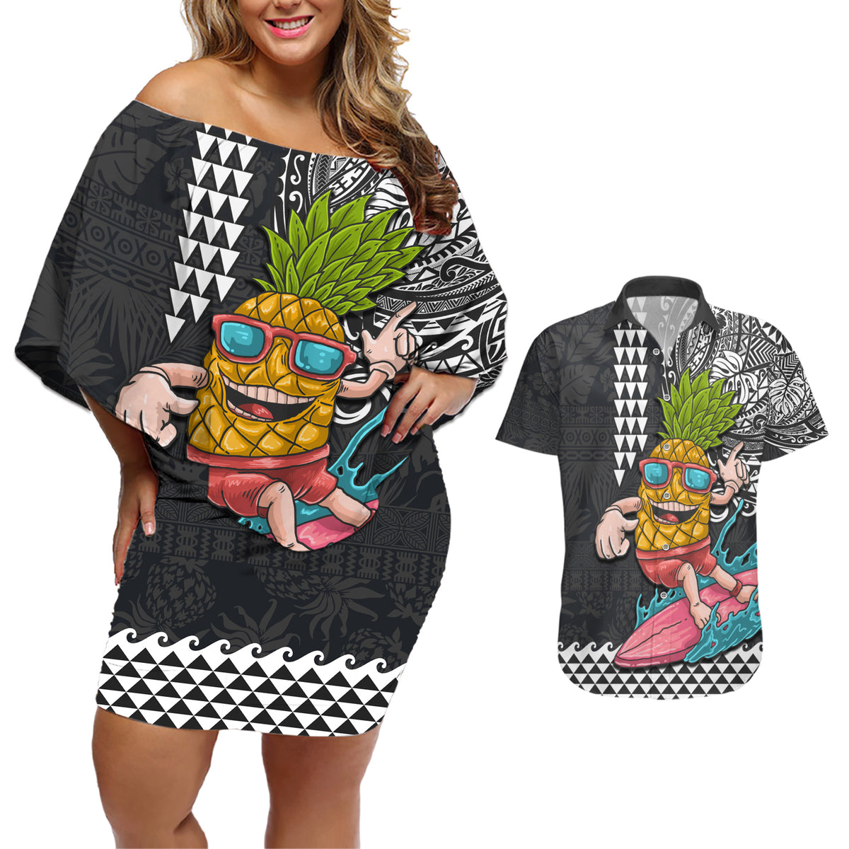 Hawaii Pineapple Surfing With Kakau Tribal Couples Matching Off Shoulder Short Dress and Hawaiian Shirt LT03 Brown - Polynesian Pride