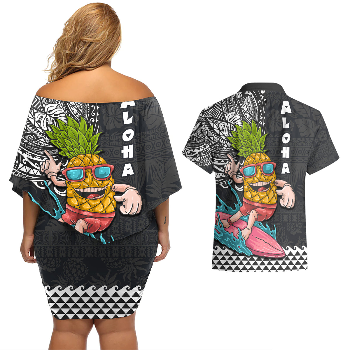 Hawaii Pineapple Surfing With Kakau Tribal Couples Matching Off Shoulder Short Dress and Hawaiian Shirt LT03 - Polynesian Pride