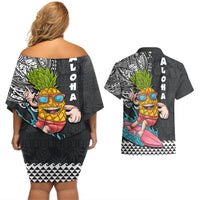 Hawaii Pineapple Surfing With Kakau Tribal Couples Matching Off Shoulder Short Dress and Hawaiian Shirt LT03 - Polynesian Pride