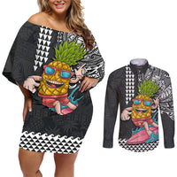 Hawaii Pineapple Surfing With Kakau Tribal Couples Matching Off Shoulder Short Dress and Long Sleeve Button Shirt LT03 Brown - Polynesian Pride