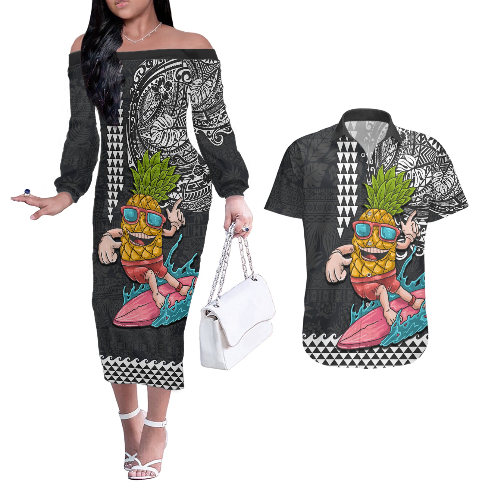 Hawaii Pineapple Surfing With Kakau Tribal Couples Matching Off The Shoulder Long Sleeve Dress and Hawaiian Shirt LT03 Brown - Polynesian Pride